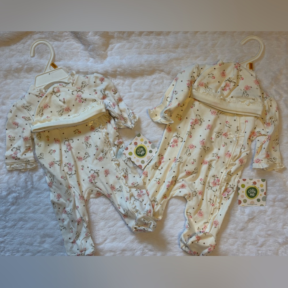 Newborn Baby Girl Ruffled Floral Footie with Matching Hat
